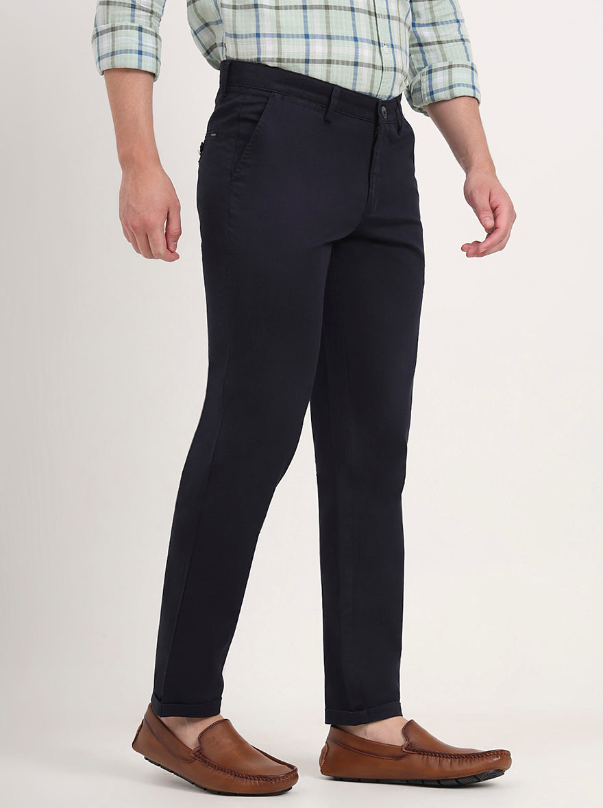 Navy Blue Solid Slim Fit Casual Trouser | Greenfibre