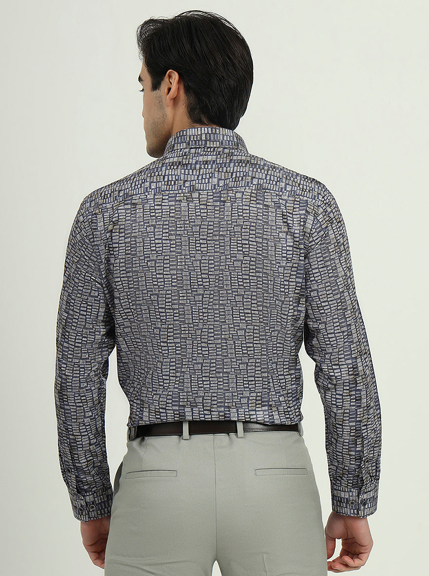 Blue & Grey Printed Slim Fit Party Wear Shirt | Greenfibre