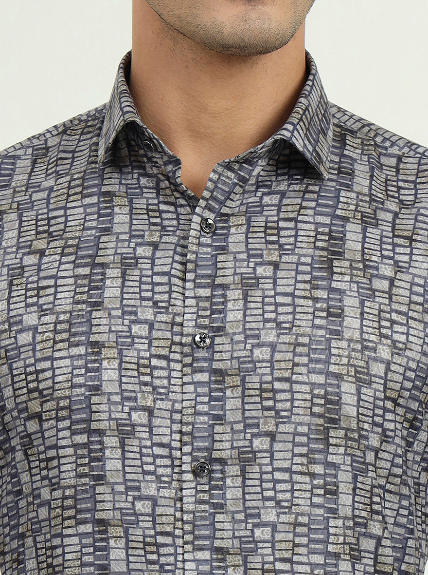 Blue & Grey Printed Slim Fit Party Wear Shirt | Greenfibre