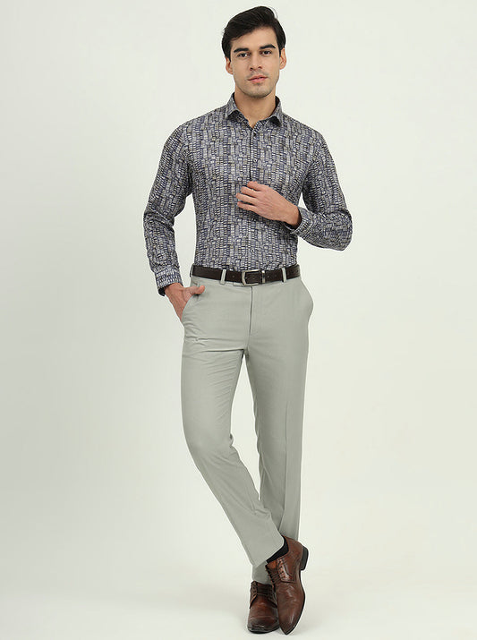 Blue & Grey Printed Slim Fit Party Wear Shirt | Greenfibre