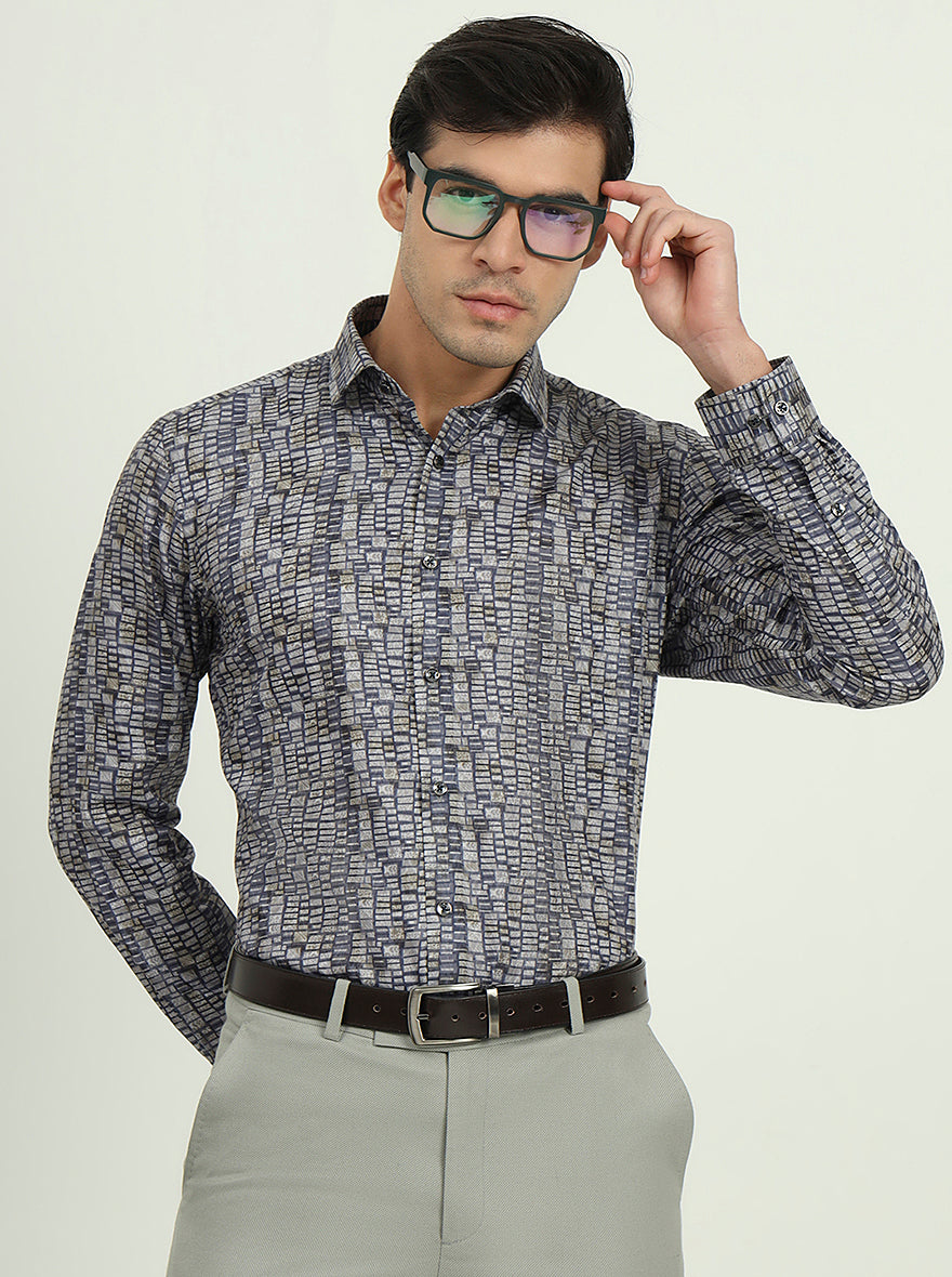 Blue & Grey Printed Slim Fit Party Wear Shirt | Greenfibre