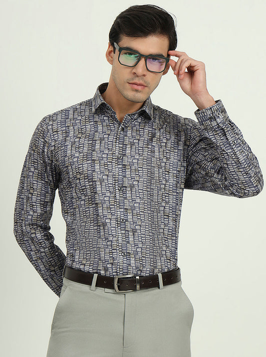 Blue & Grey Printed Slim Fit Party Wear Shirt | Greenfibre