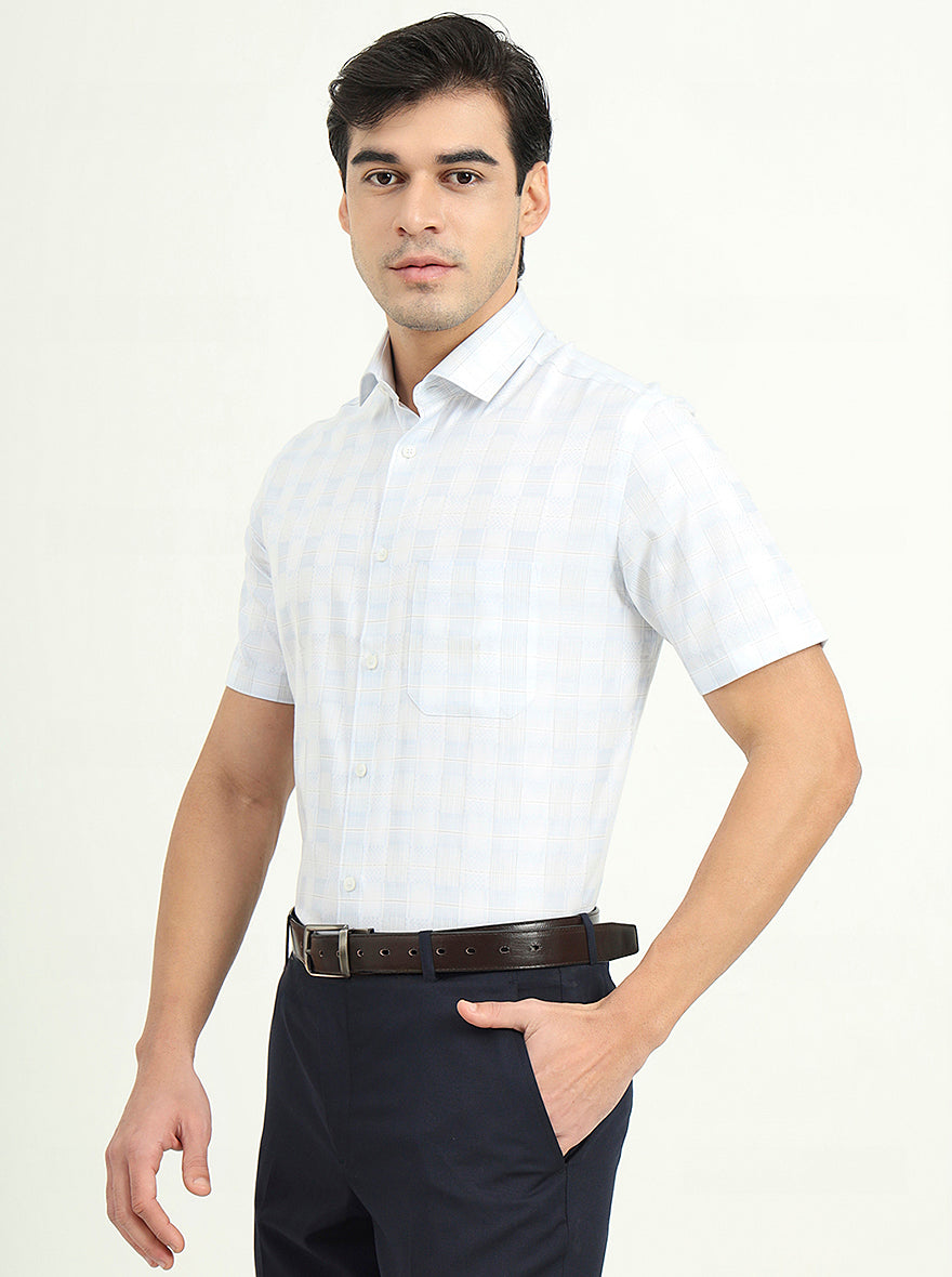 Sea Blue & Grey Checked Regular Fit Formal Shirt | Greenfire