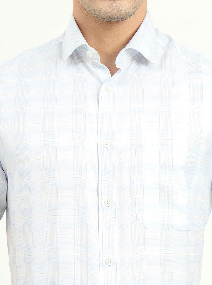 Sea Blue & Grey Checked Regular Fit Formal Shirt | Greenfire