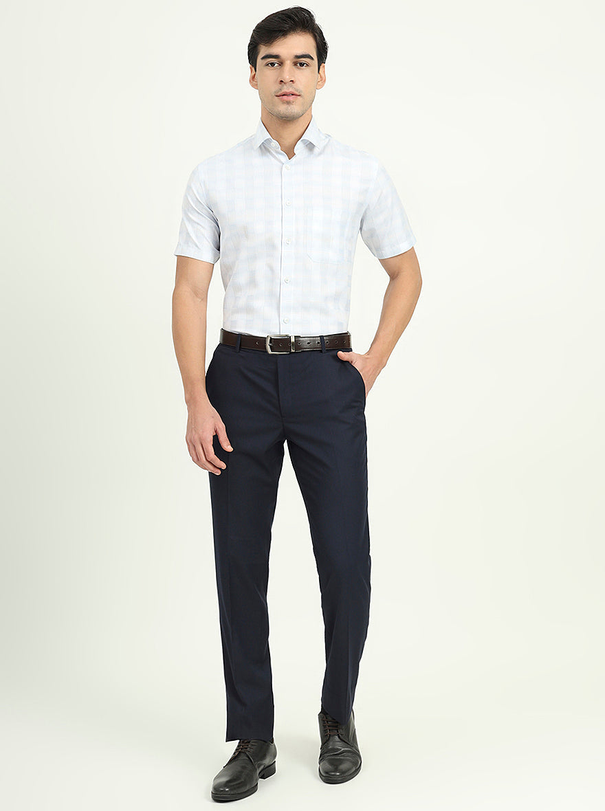 Sea Blue & Grey Checked Regular Fit Formal Shirt | Greenfire