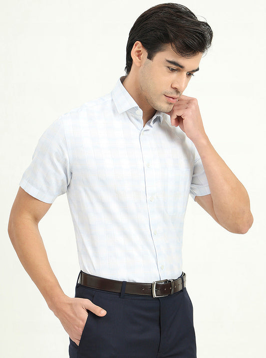 Sea Blue & Grey Checked Regular Fit Formal Shirt | Greenfire