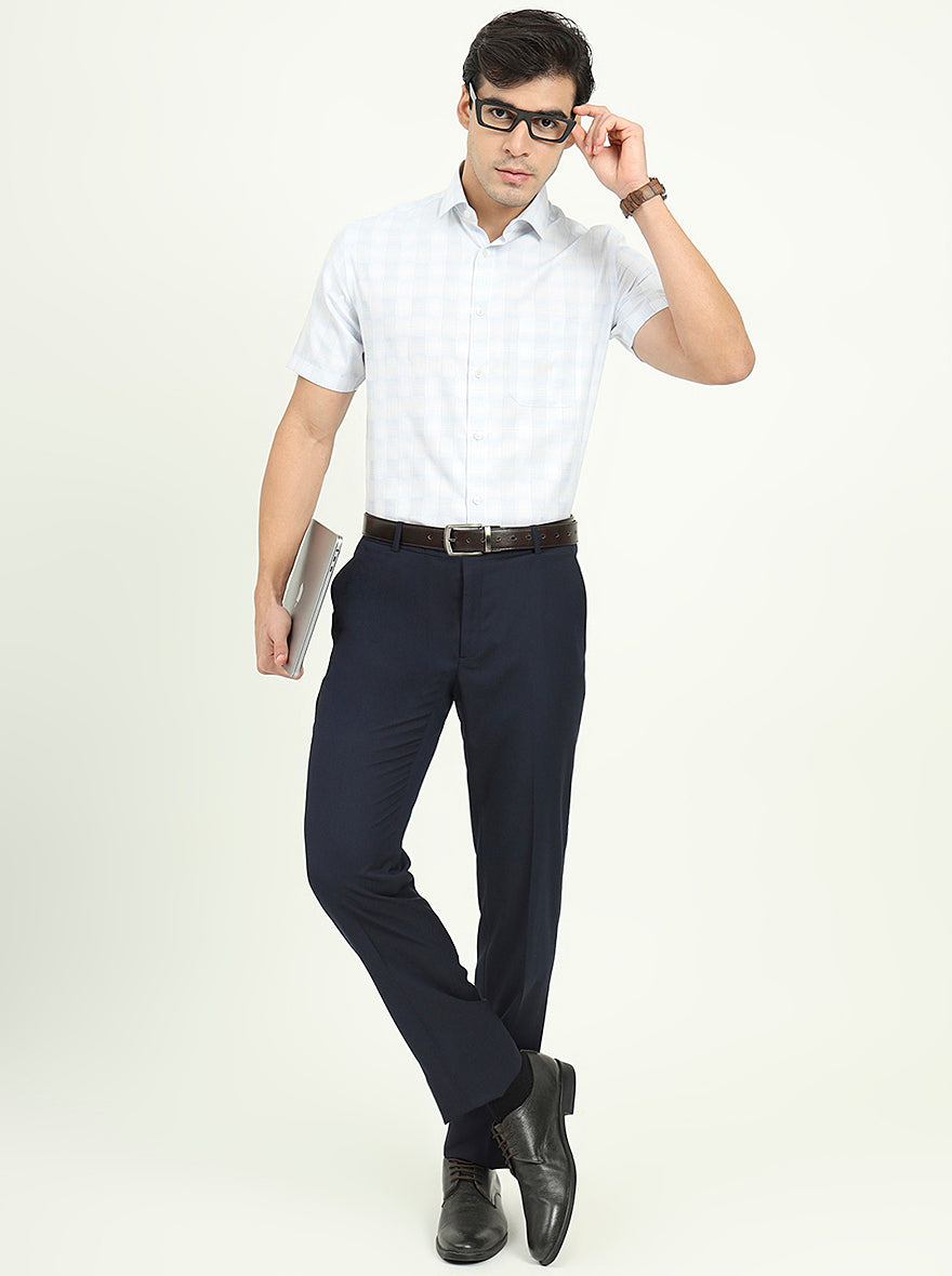 Sea Blue & Grey Checked Regular Fit Formal Shirt | Greenfire