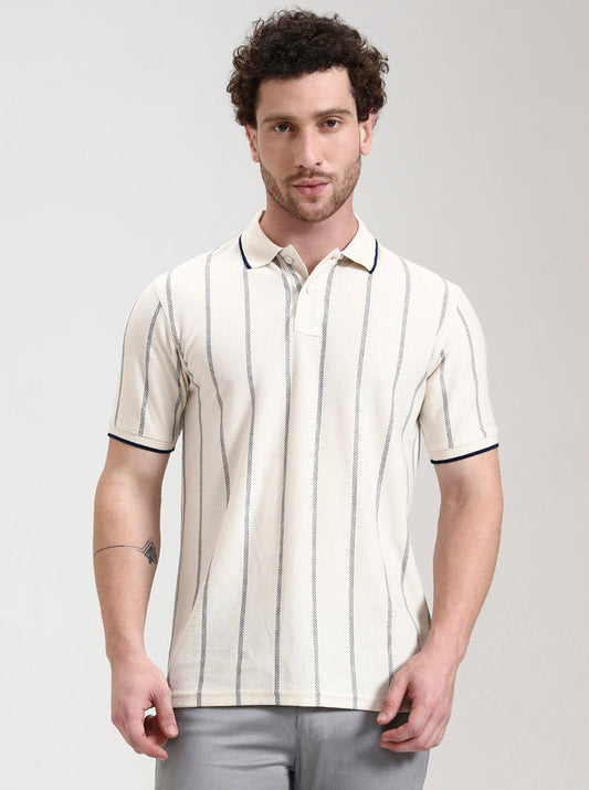 Off White Striped Slim Fit Polo T-Shirt | Greenfibre