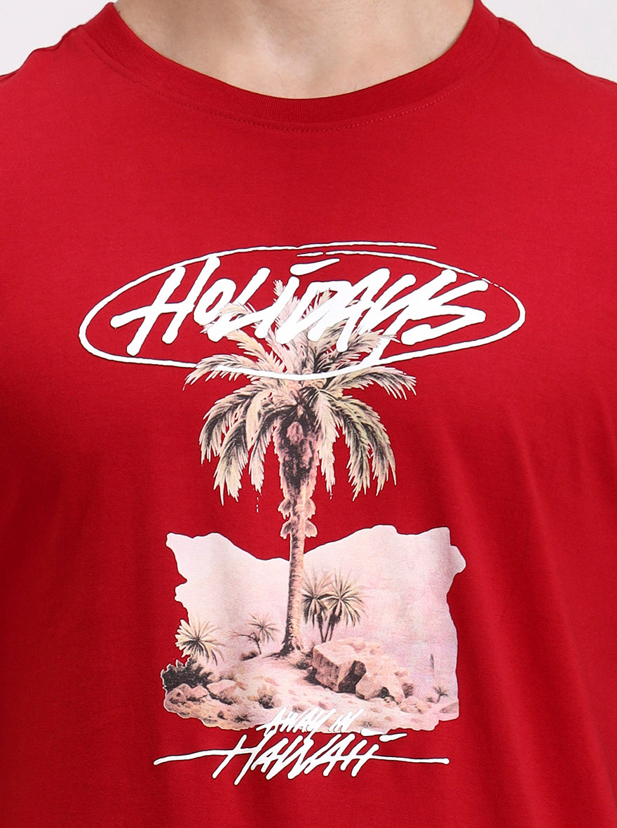 Red Printed Slim Fit T-Shirt | Greenfibre