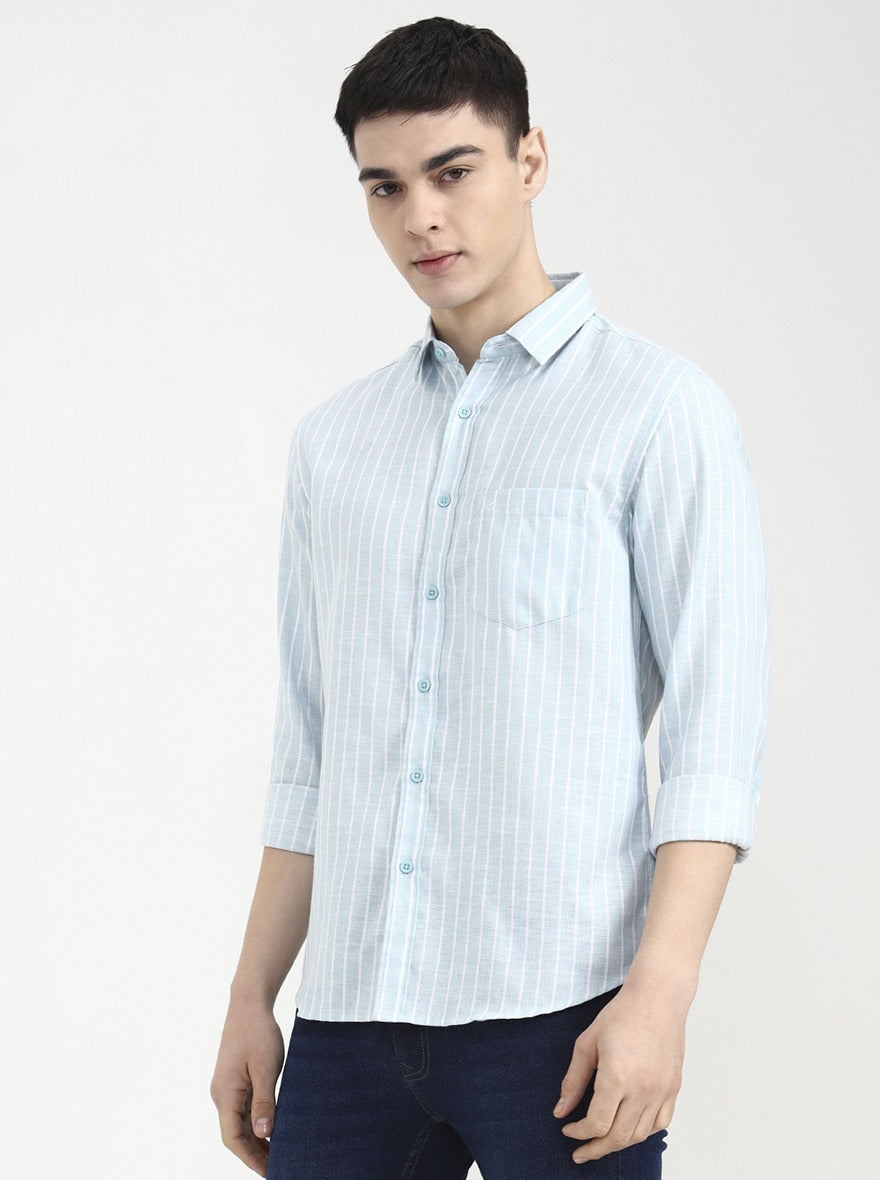 Aqua Blue Striped Slim Fit Casual Shirt | Greenfibre