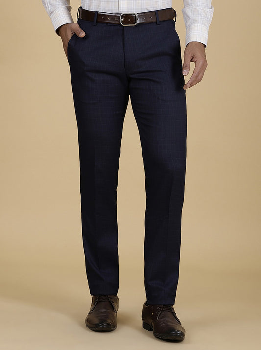Navy Blue Checked Super Slim Fit Formal Trouser | Greenfibre