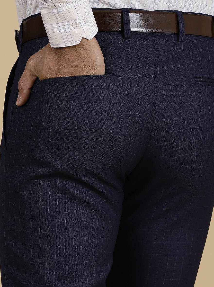 Navy Blue Checked Super Slim Fit Formal Trouser | Greenfibre