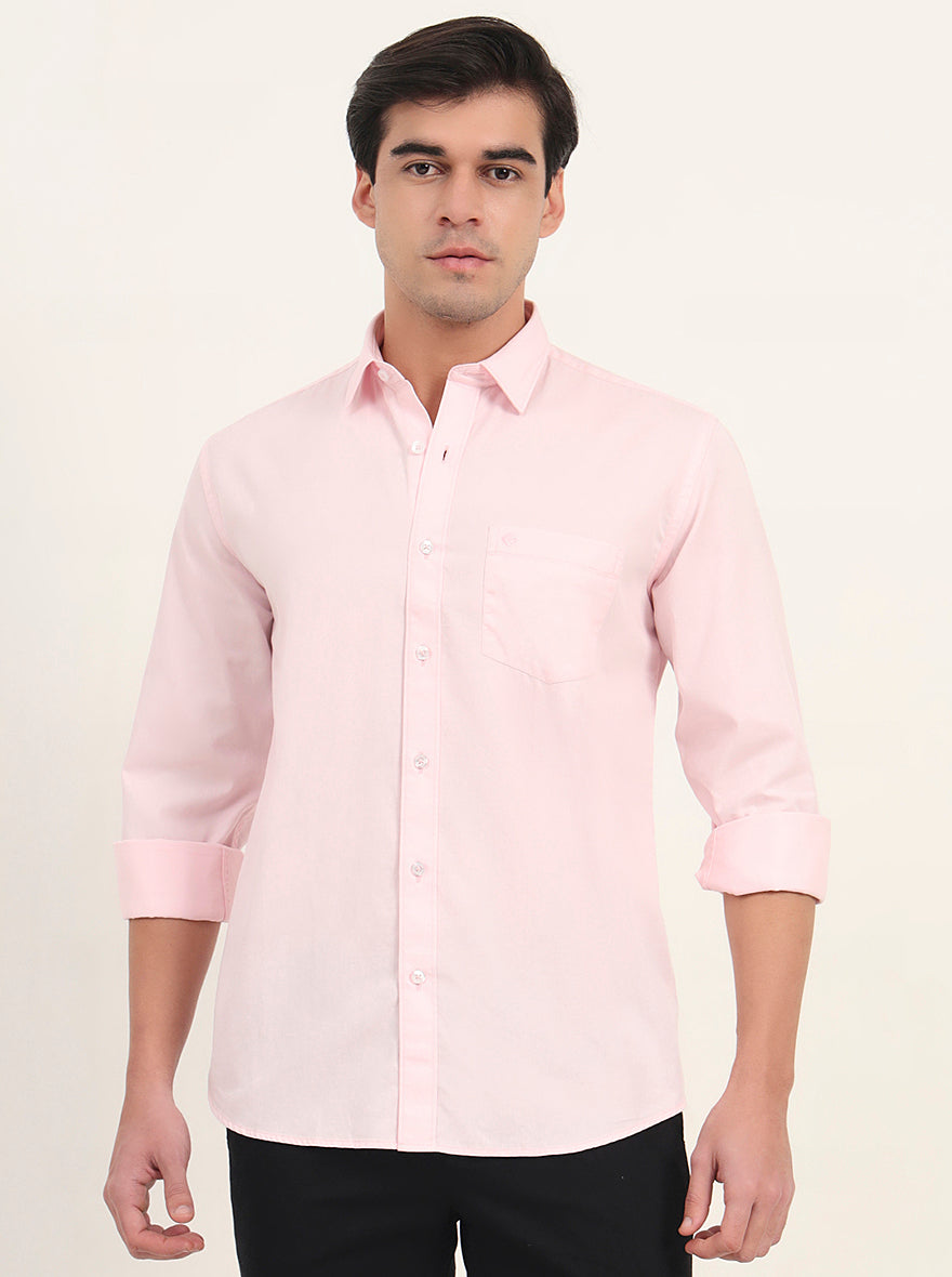Light Pink Solid Slim Fit Semi Casual Shirt | Greenfibre