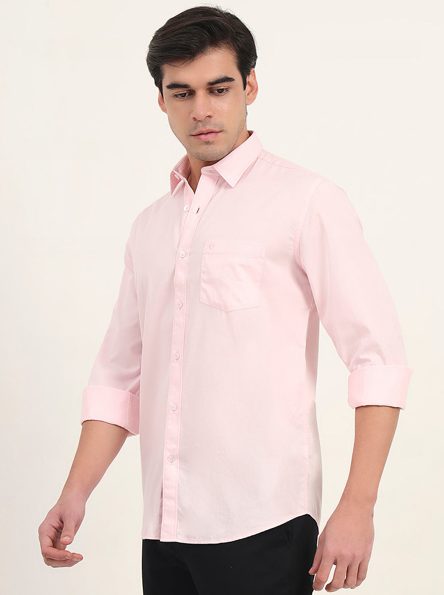 Light Pink Solid Slim Fit Semi Casual Shirt | Greenfibre