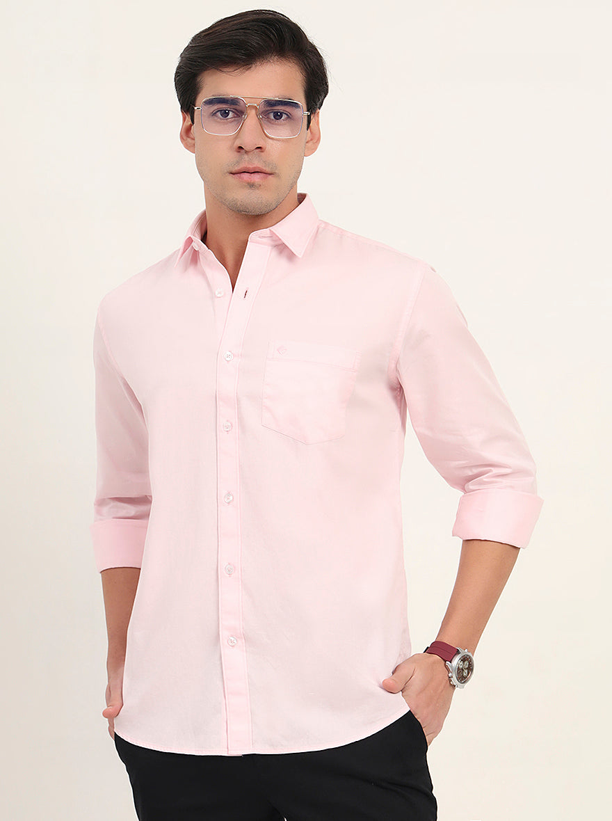 Light Pink Solid Slim Fit Semi Casual Shirt | Greenfibre