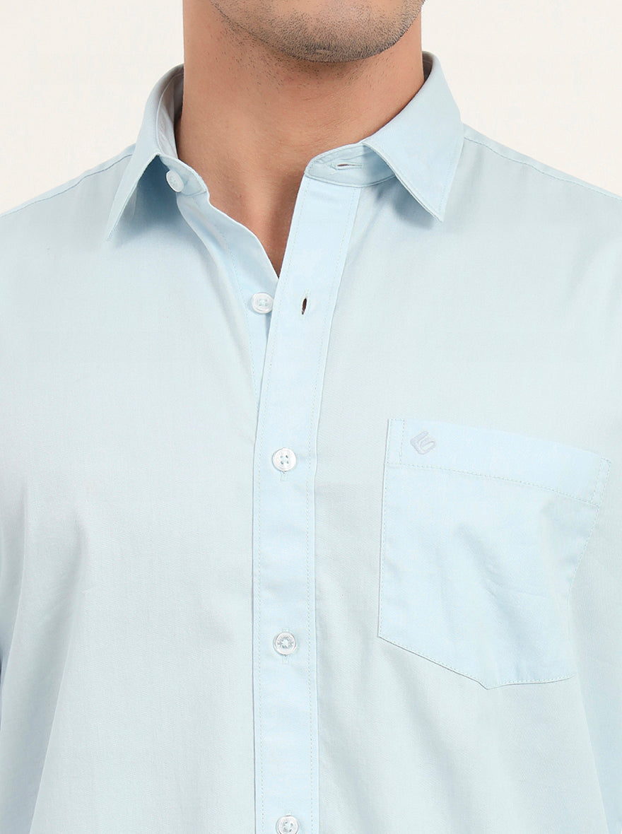 Sky Blue Solid Slim Fit Semi Casual Shirt | Greenfibre