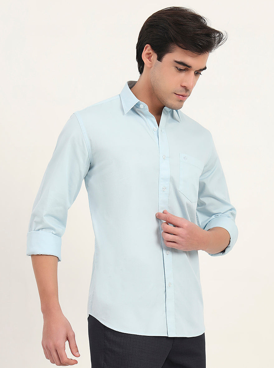 Sky Blue Solid Slim Fit Semi Casual Shirt | Greenfibre