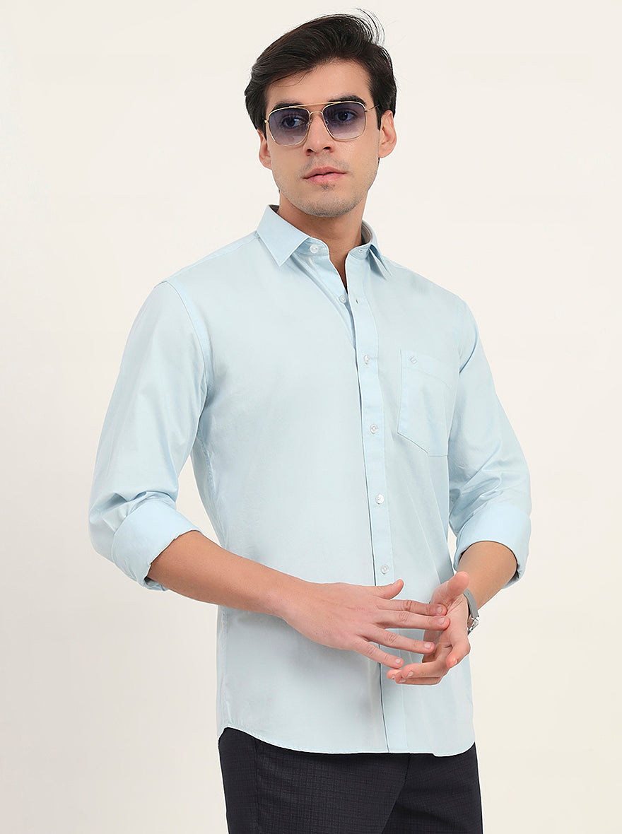 Sky Blue Solid Slim Fit Semi Casual Shirt | Greenfibre