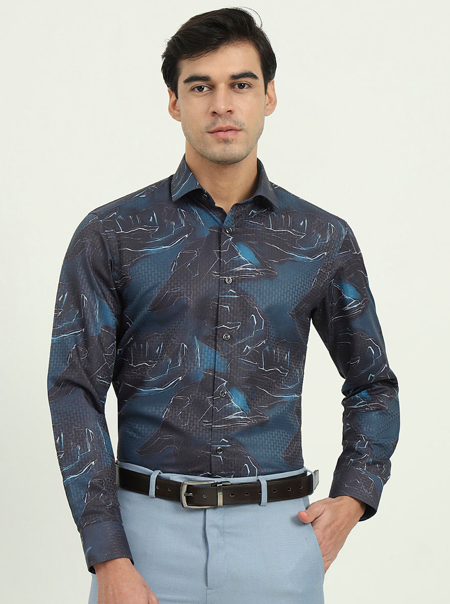 Dark Blue Printed Slim Fit Party Wear Shirt | Greenfire