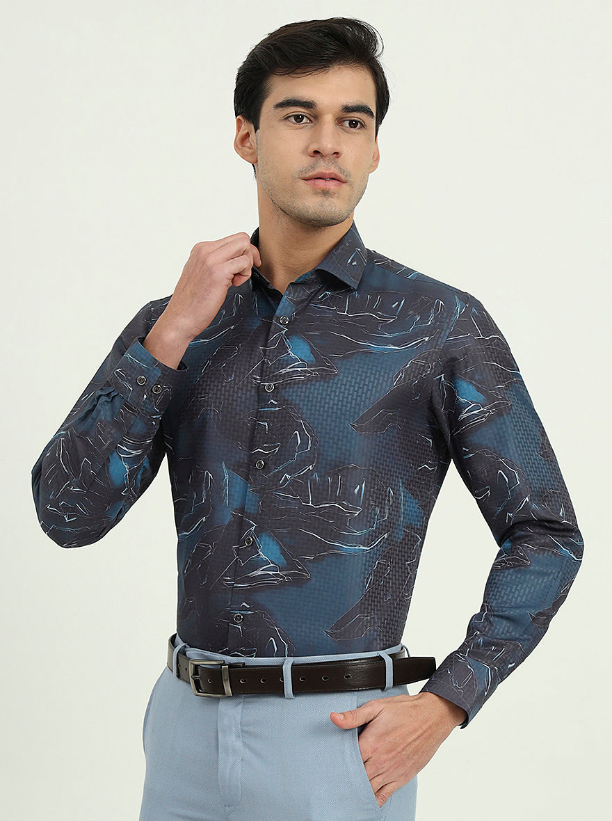 Dark Blue Printed Slim Fit Party Wear Shirt | Greenfire