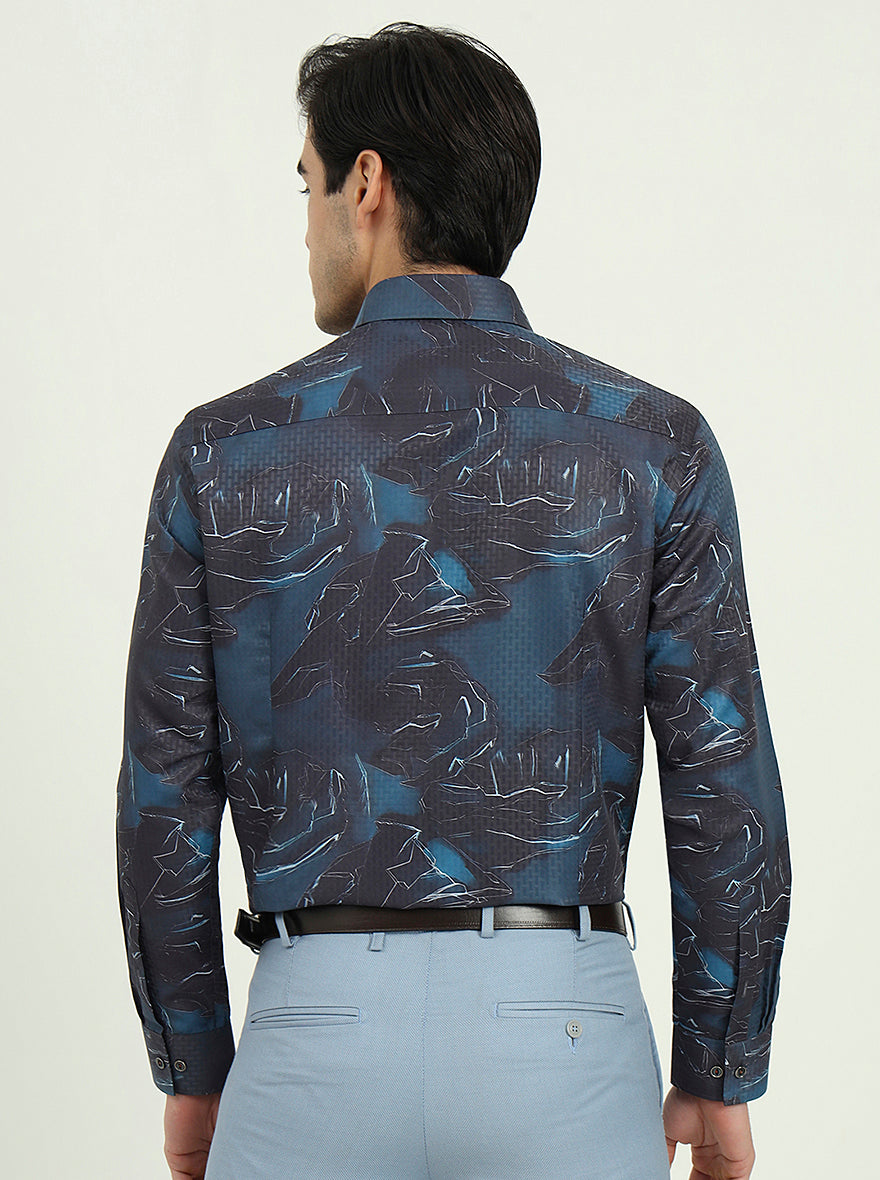 Dark Blue Printed Slim Fit Party Wear Shirt | Greenfire