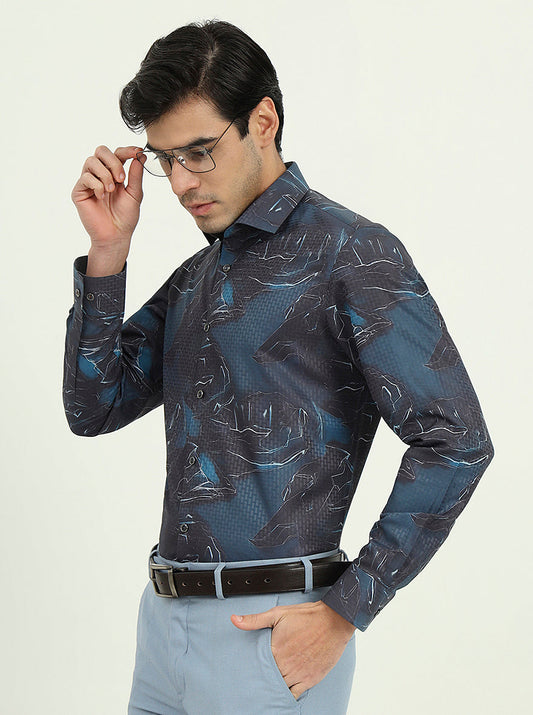 Dark Blue Printed Slim Fit Party Wear Shirt | Greenfire