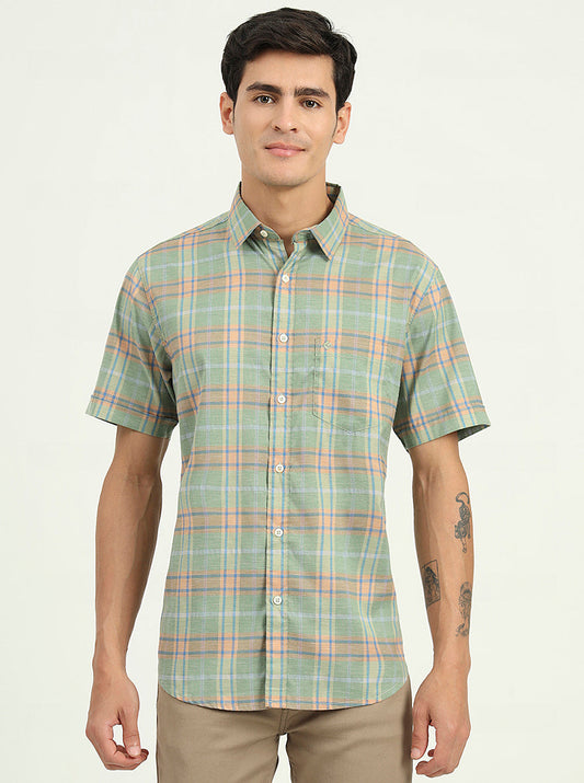 Light Green Checked Slim Fit Casual Shirt | Greenfibre