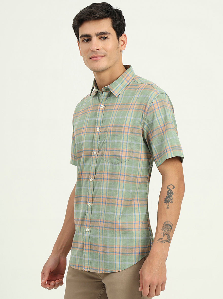 Light Green Checked Slim Fit Casual Shirt | Greenfibre