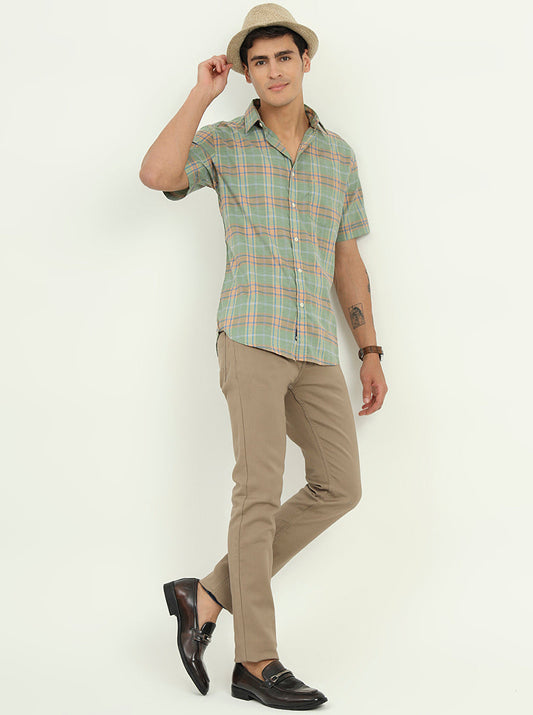 Light Green Checked Slim Fit Casual Shirt | Greenfibre