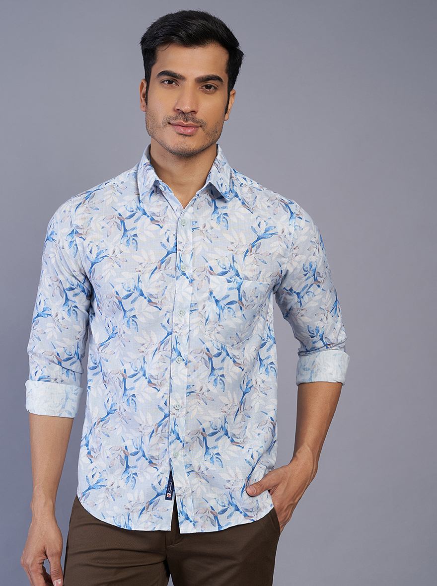 Blue Printed Slim Fit Casual Shirt | Greenfibre