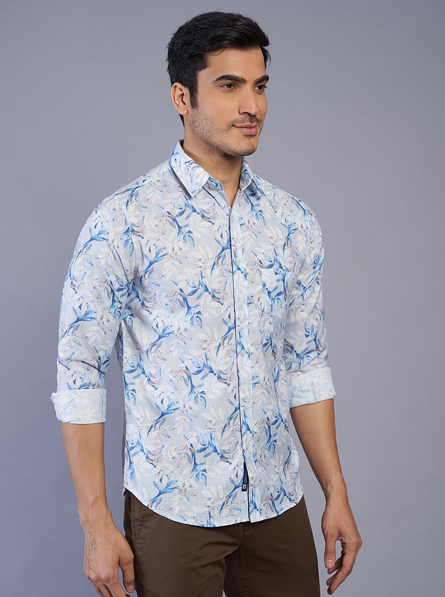 Blue Printed Slim Fit Casual Shirt | Greenfibre