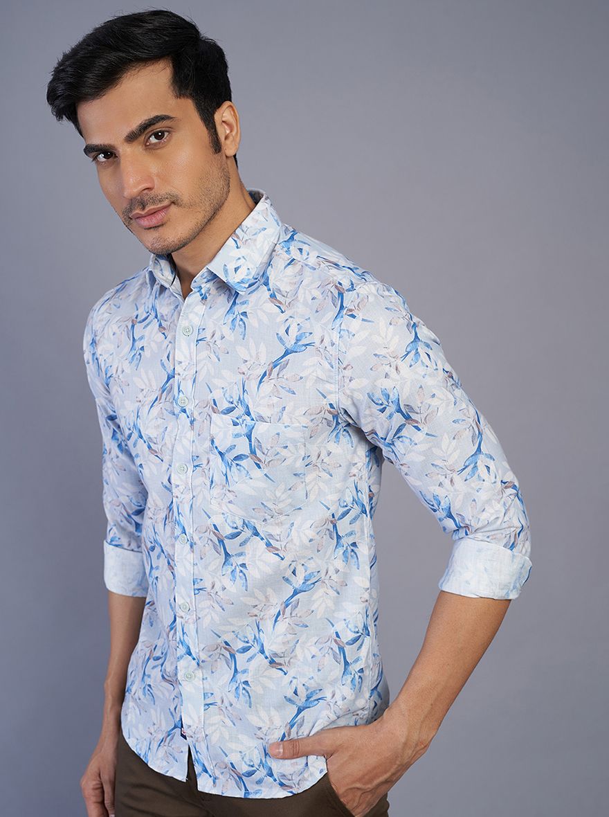 Blue Printed Slim Fit Casual Shirt | Greenfibre