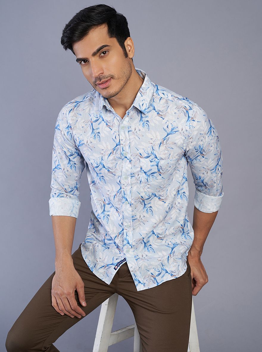 Blue Printed Slim Fit Casual Shirt | Greenfibre