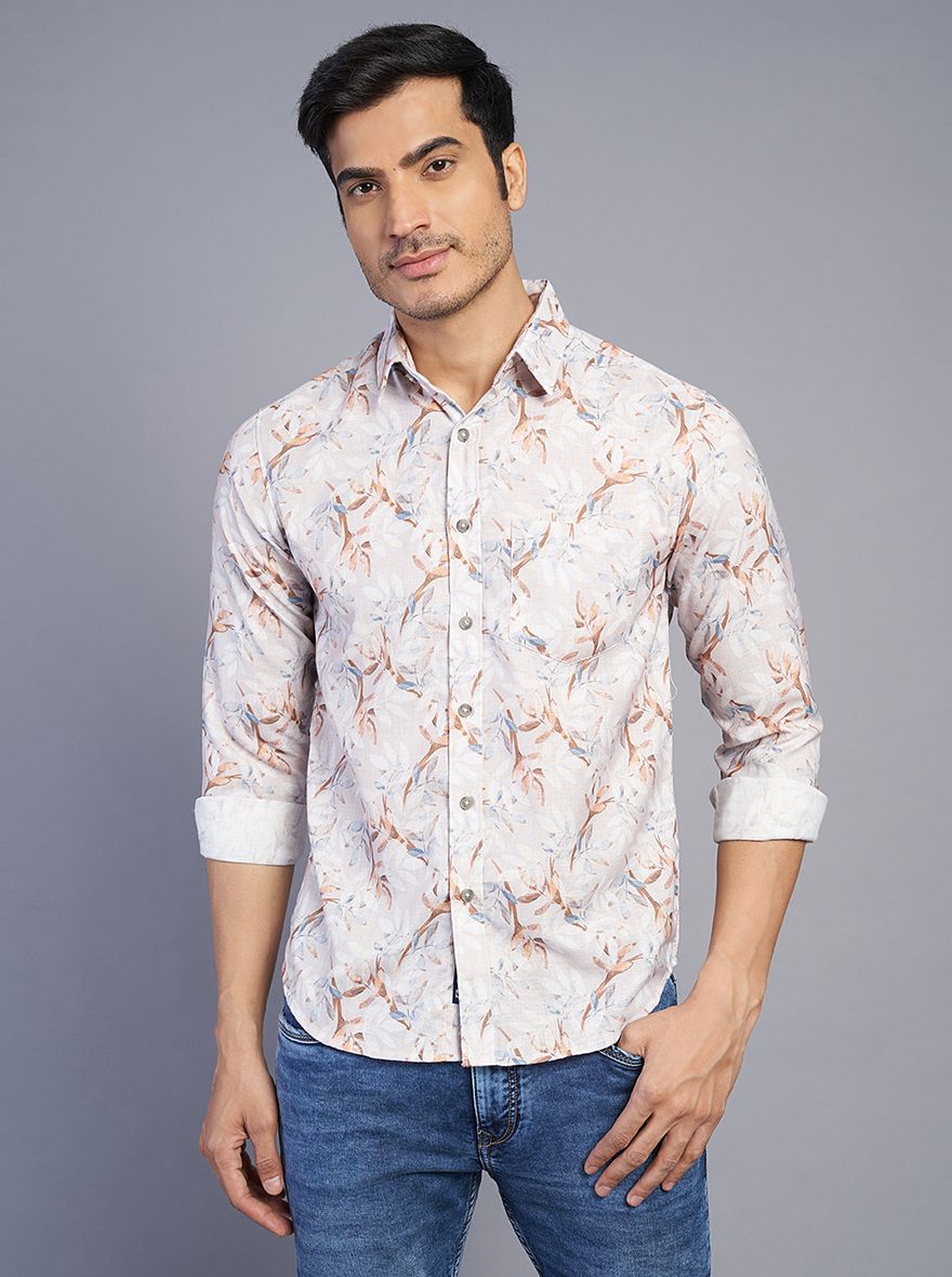 Light Grey Printed Slim Fit Casual Shirt | Greenfibre