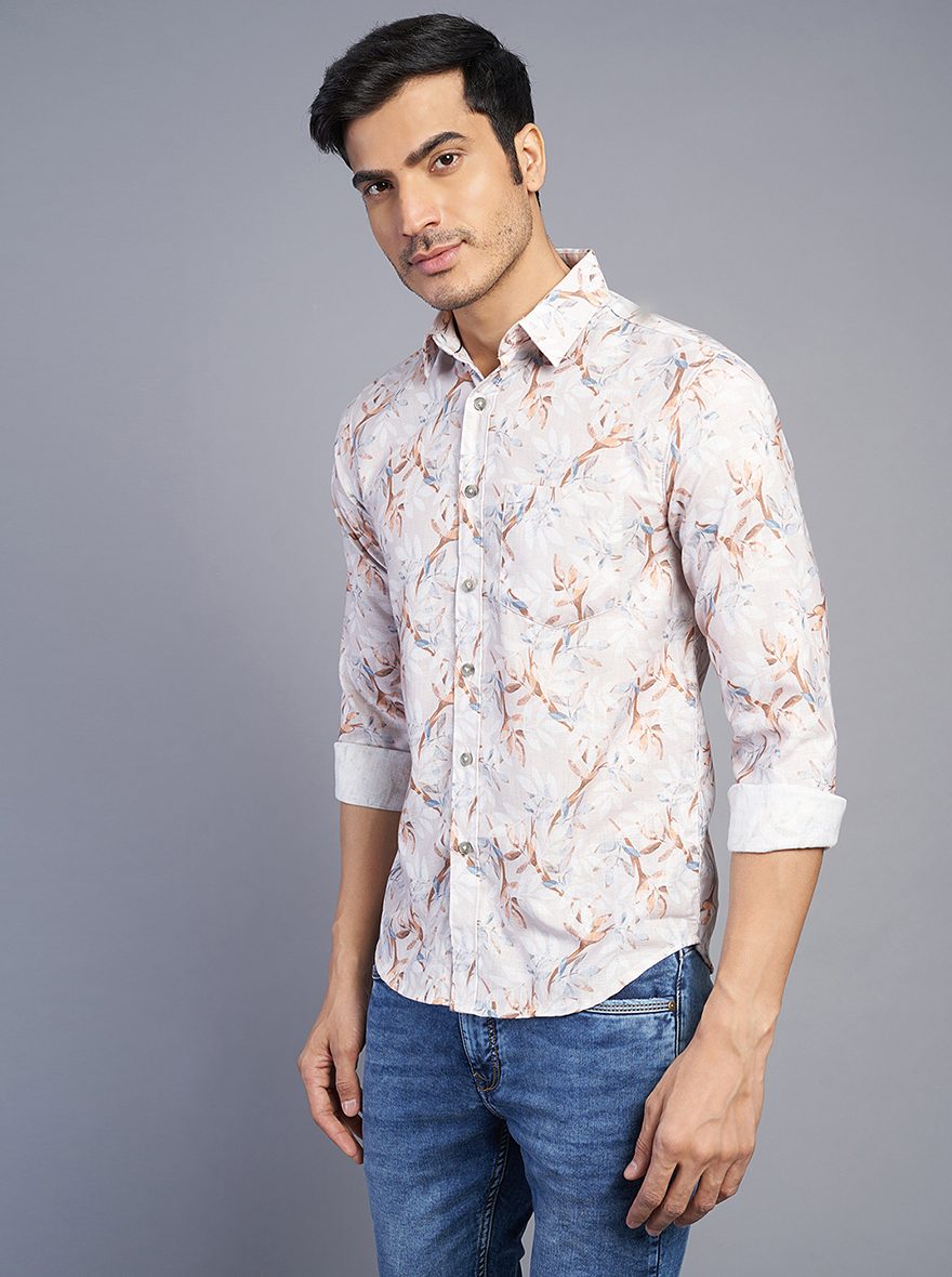 Light Grey Printed Slim Fit Casual Shirt | Greenfibre