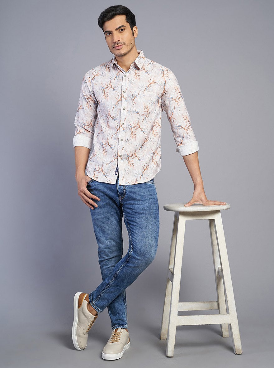 Light Grey Printed Slim Fit Casual Shirt | Greenfibre