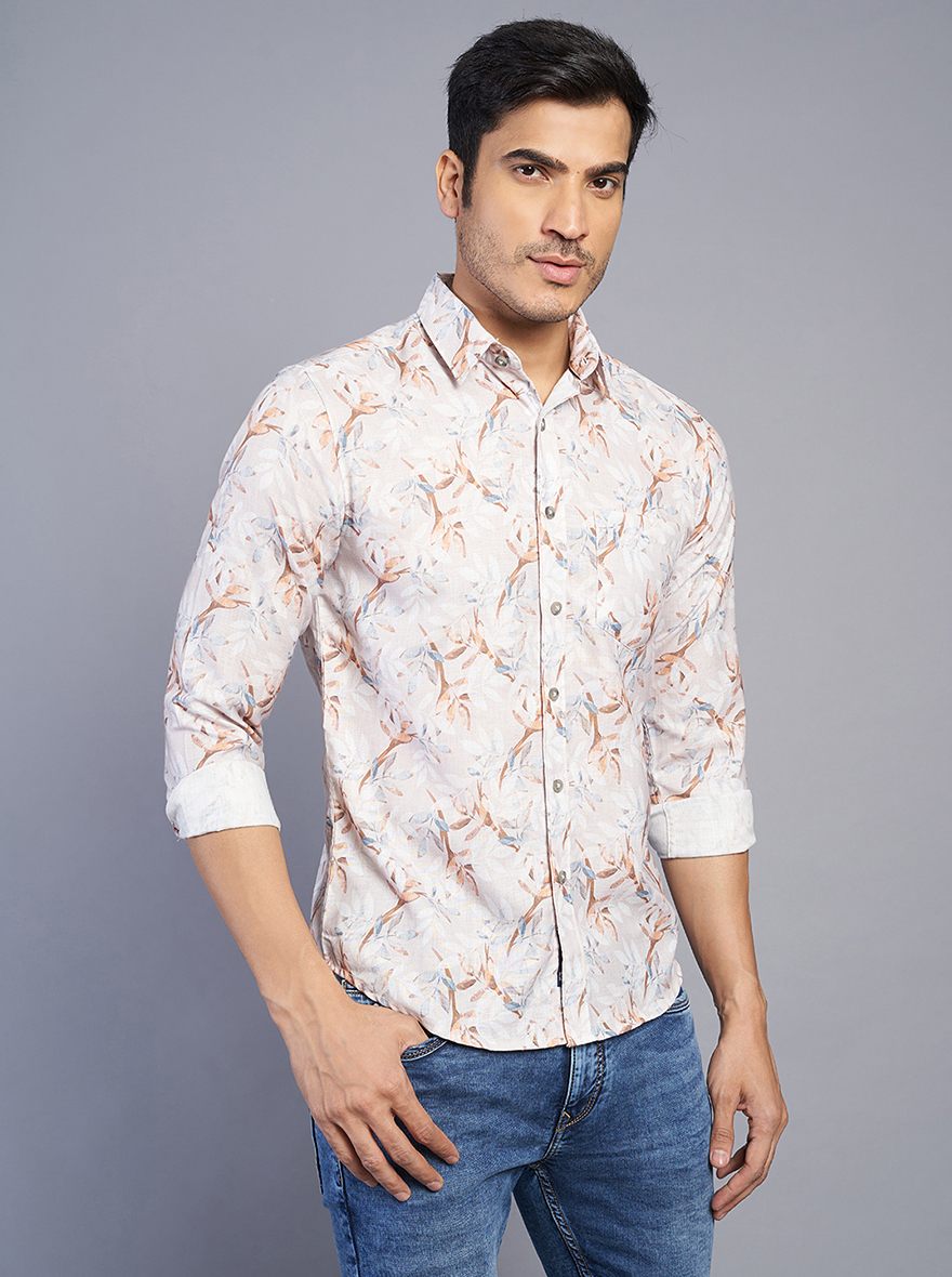 Light Grey Printed Slim Fit Casual Shirt | Greenfibre