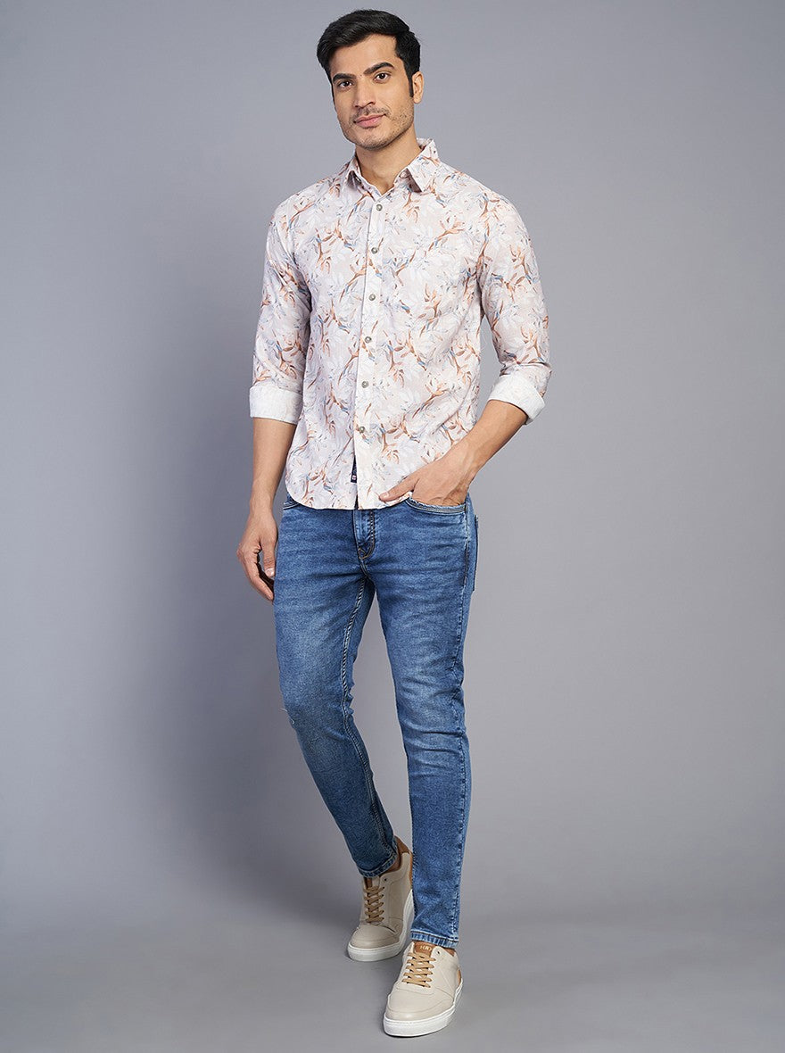 Light Grey Printed Slim Fit Casual Shirt | Greenfibre