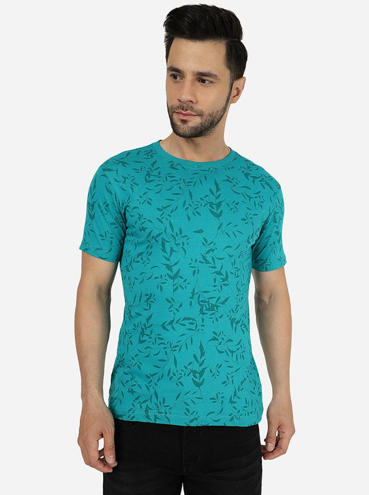 Teal Blue Printed Slim Fit T-Shirt | Greenfibre