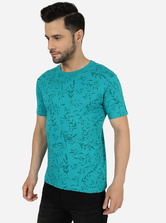Teal Blue Printed Slim Fit T-Shirt | Greenfibre