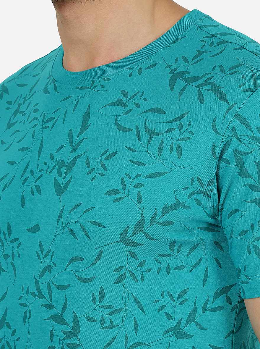 Teal Blue Printed Slim Fit T-Shirt | Greenfibre