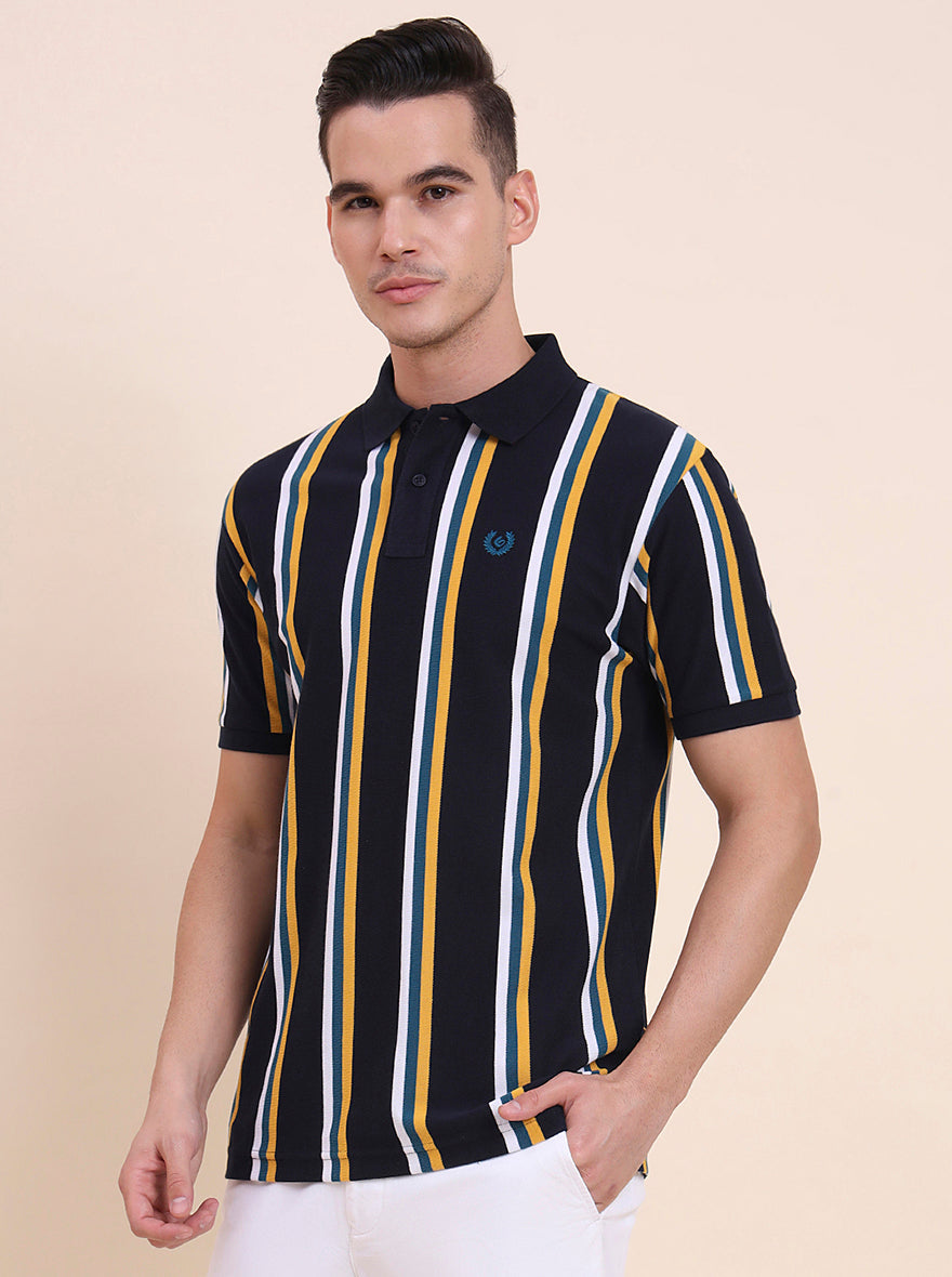 Navy Blue & Yellow Striped Slim Fit Polo T-Shirt | Greenfibre