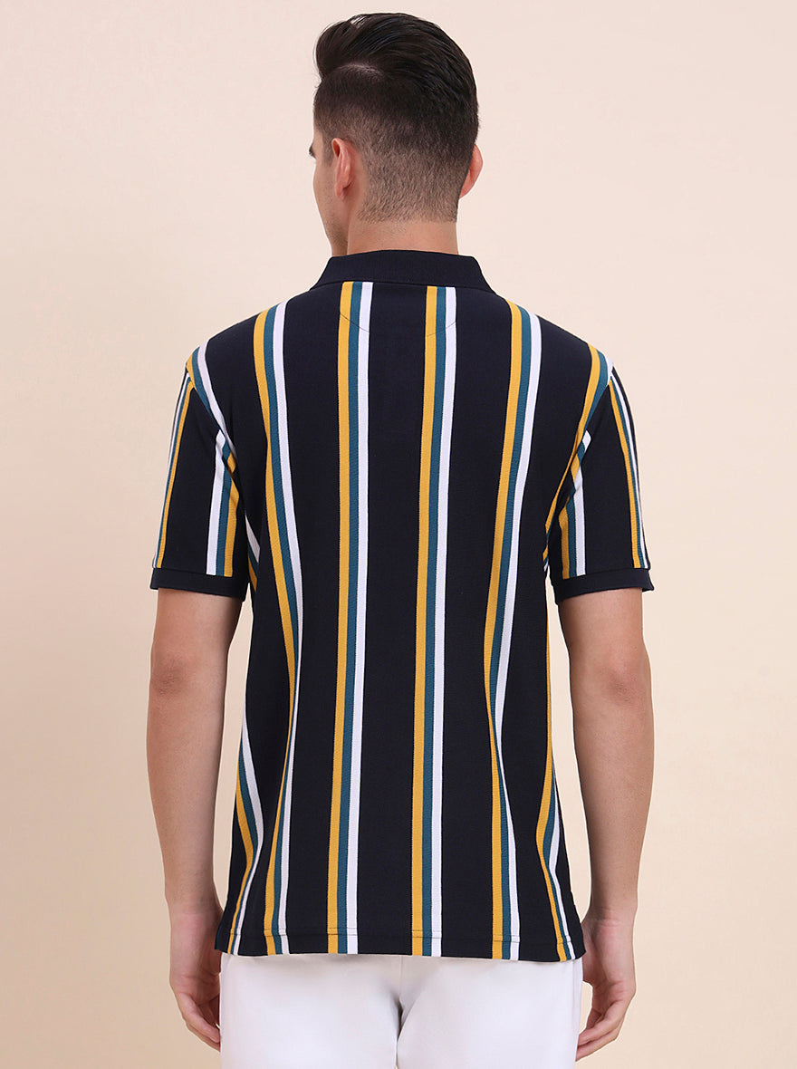 Navy Blue & Yellow Striped Slim Fit Polo T-Shirt | Greenfibre