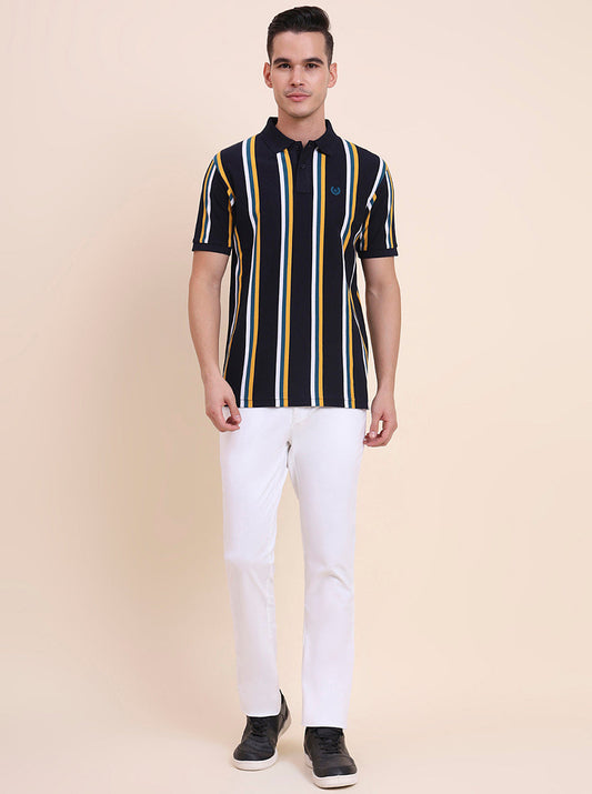 Navy Blue & Yellow Striped Slim Fit Polo T-Shirt | Greenfibre