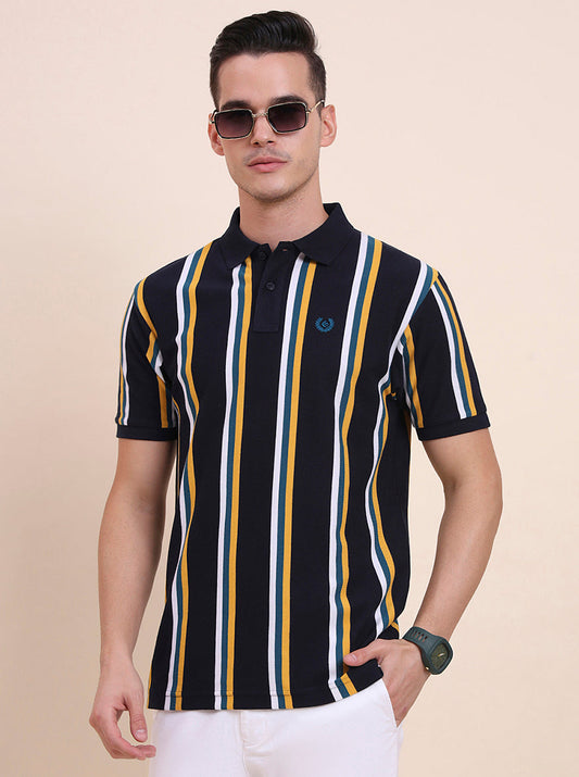 Navy Blue & Yellow Striped Slim Fit Polo T-Shirt | Greenfibre