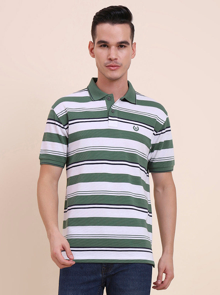 Green & White Striped Slim Fit Polo T-Shirt | Greenfibre