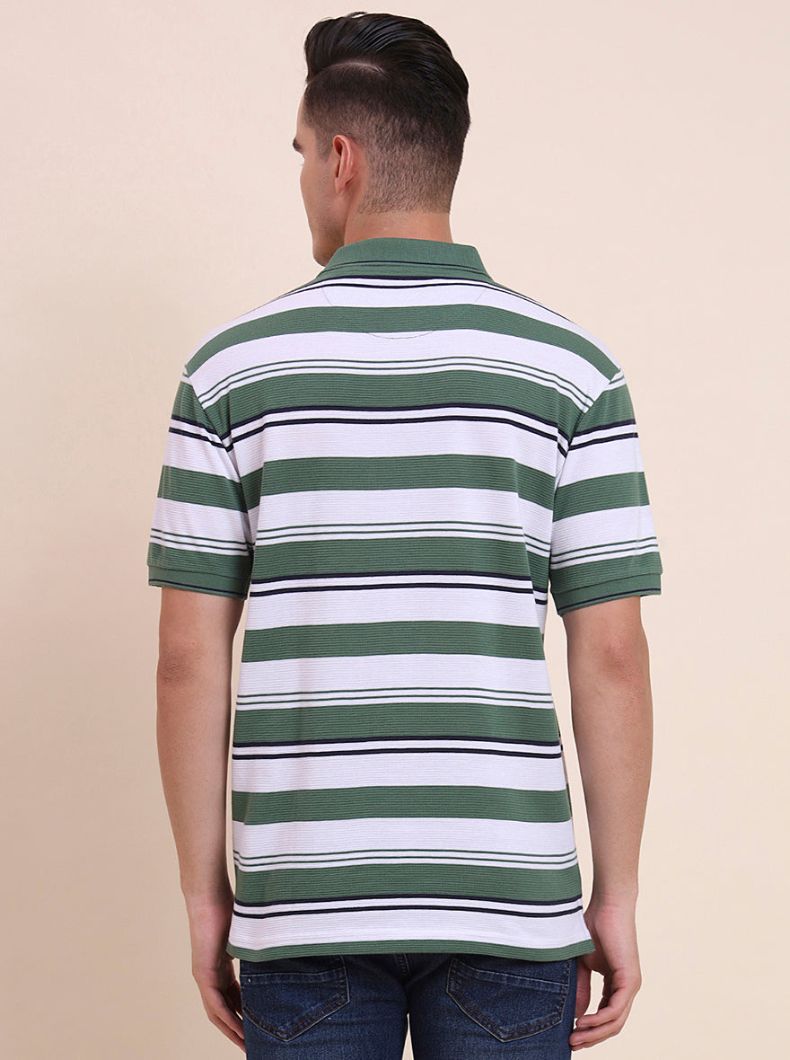 Green & White Striped Slim Fit Polo T-Shirt | Greenfibre
