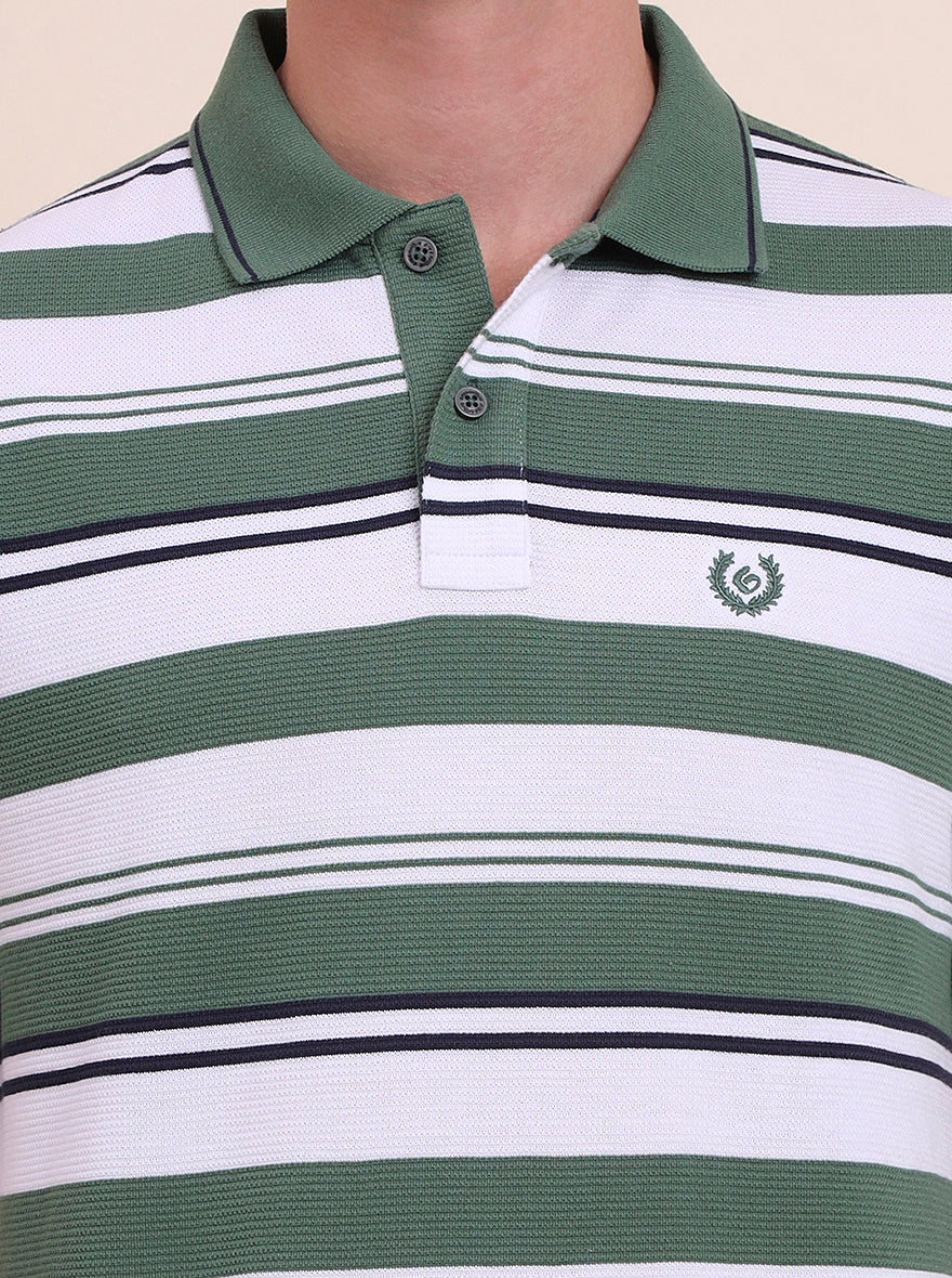 Green & White Striped Slim Fit Polo T-Shirt | Greenfibre
