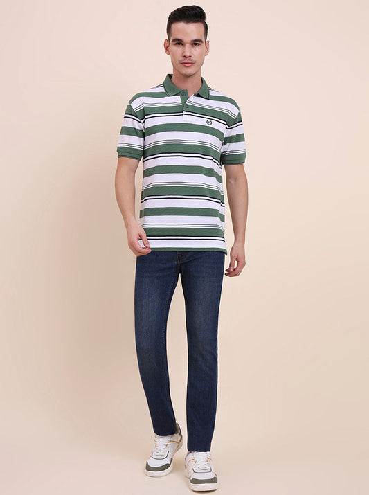 Green & White Striped Slim Fit Polo T-Shirt | Greenfibre
