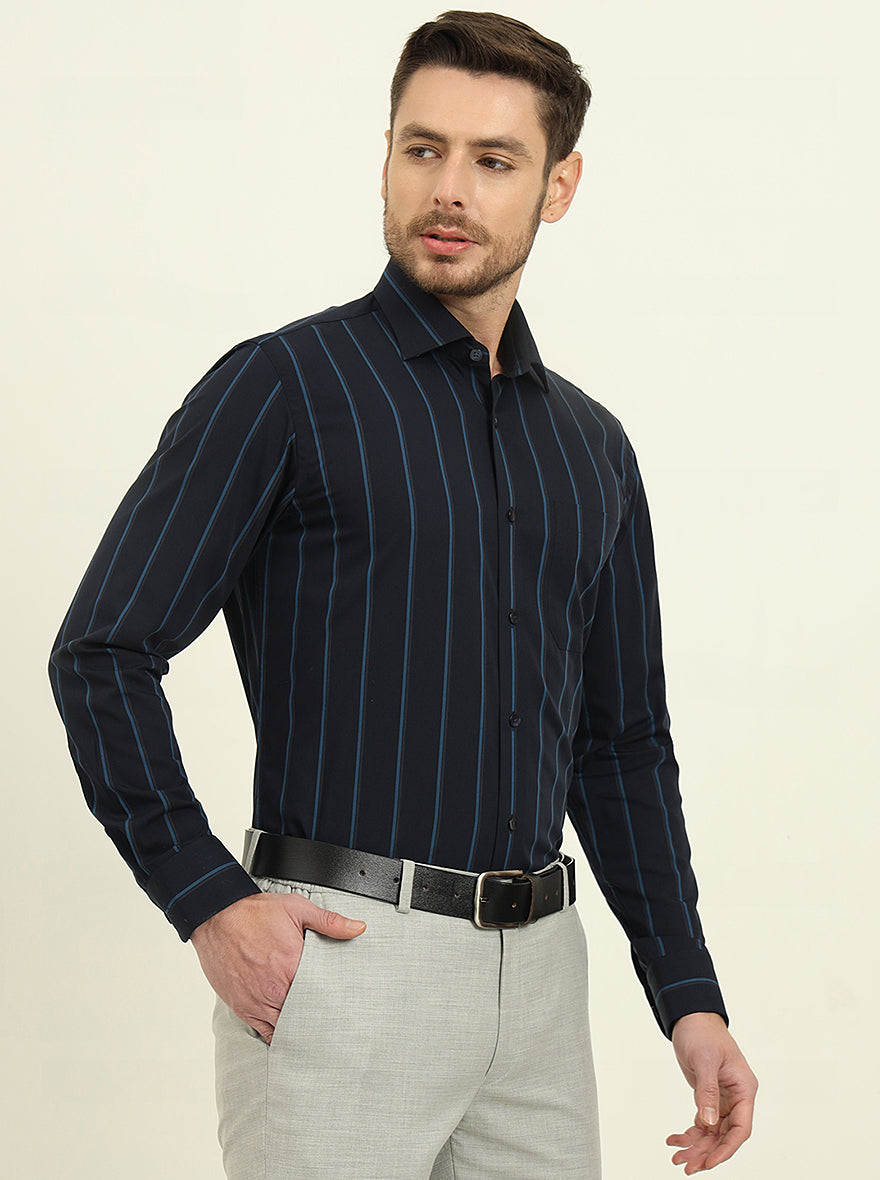 Navy Blue Striped Slim Fit Formal Shirt | Metal